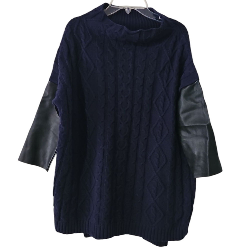 Guess women's‎ XS/S navy cable knit sweater with black faux leather 3/4 sleeves